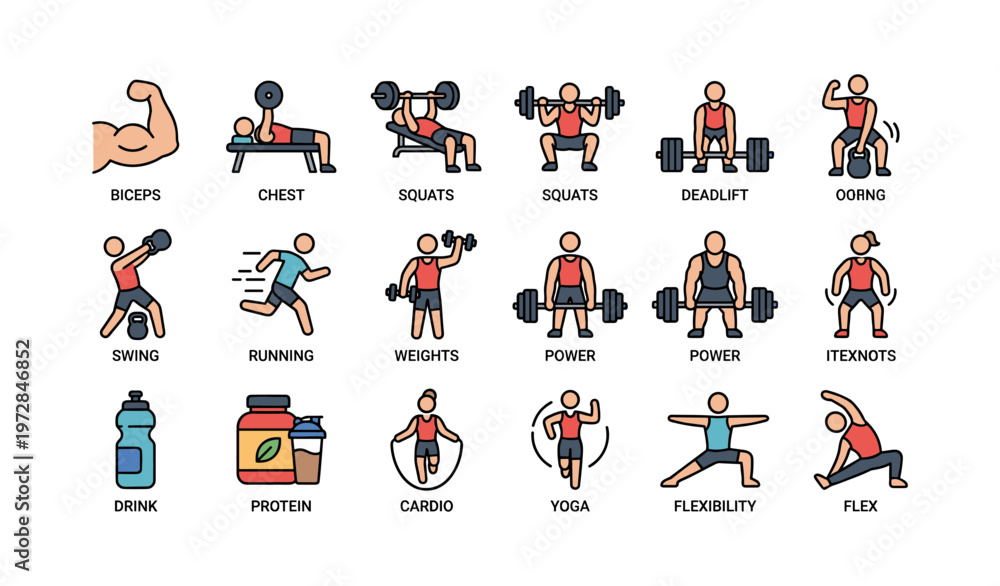 Fototapeta premium Illustrated fitness icons: exercises, sports, and nutrition elements