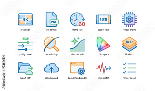 Digital editing tools icons set: resolution, file format, frame rate, aspect ratio, render engine