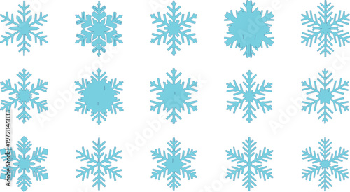 The image shows a collection of fifteen stylized snowflakes. They are all light blue in color and have a symmetrical, radial design. While they share the general six-pointed star shape characteristic 