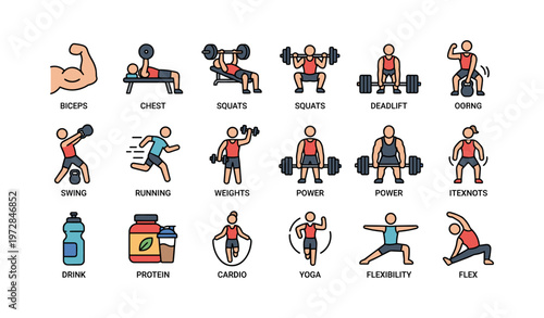 Illustrated fitness icons: exercises, sports, and nutrition elements