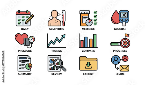 Daily health monitoring icons: symptoms, medicine, glucose, progress, review