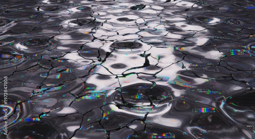 Fototapeta premium A chaotic pool of molten silver chrome ripples with digital artifacts and jagged fractures, creating an unstable and corrupted metallic surface, corrupted, chaotic, sharp