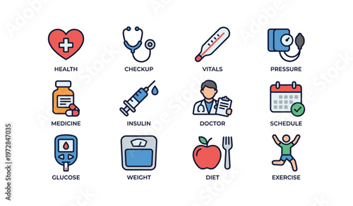 Healthcare icons: medical tools, doctor, and lifestyle symbols illustrated