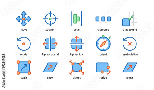 Vector graphic editing icons: align, rotate, scale, skew, shear, position, snap