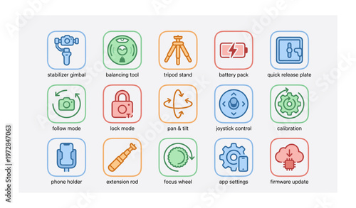 Camera equipment icons set including stabilizer and tripod stand