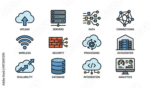 Cloud computing icons: upload, servers, data, connections, processing, security