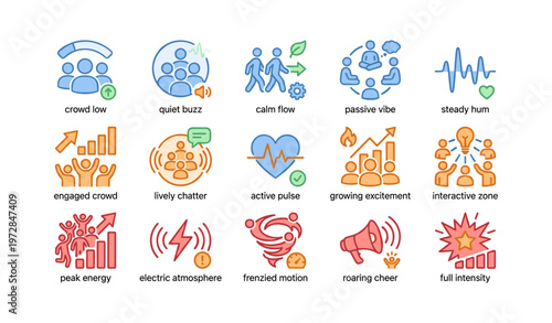 Icons illustrating social dynamics and energy levels in various crowd interactions