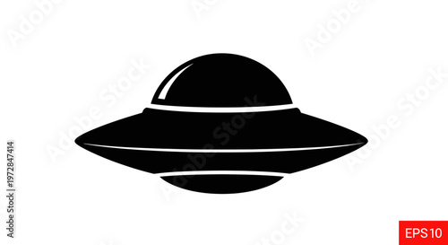 Black flying saucer icon, alien spaceship silhouette, ufo vector illustration