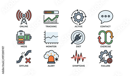 Health and fitness icon set: tracking, diet, exercise, monitoring, alert symbols