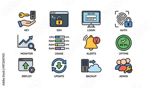 Colorful icons representing tech processes and security