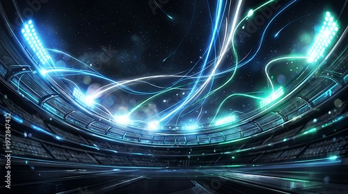 Futuristic sports stadium interior with glowing neon light trails and dynamic atmosphere