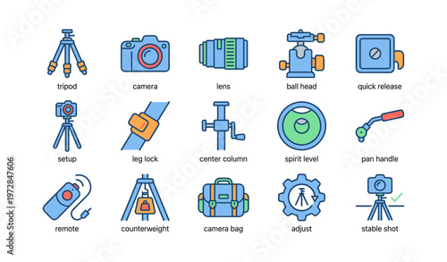 Photography equipment icons: tripod camera lens remote setup adjustment tools