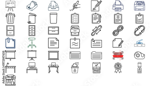 Mega Vector Icon Set of 43 Office Workspace Elements. Minimalist Flat Line Art Bundle featuring Printers, Scanners, Filing Cabinets, Document Trays, Whiteboards, Stationery, and Business Tools for UI.