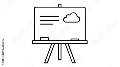 Minimalist vector line icon illustration of a presentation whiteboard on an easel featuring a cloud symbol and text lines, representing cloud computing concepts, business strategy, or education.