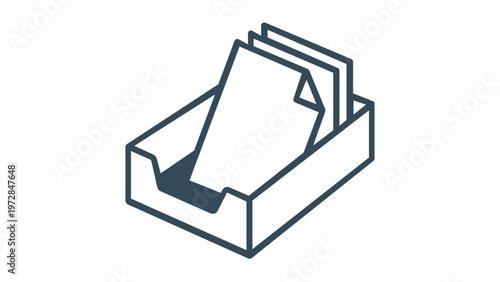 Minimalist vector icon illustration of a desk inbox or paper tray containing documents. Clean line art design representing office organization, workflow, and business administration tasks.
