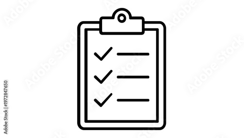 Minimalist clipboard checklist vector icon illustration featuring checkmarks and lines for task management, business organization, project planning, and office productivity workflow.