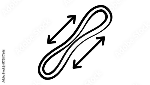 Minimalist elastic rubber band vector icon illustration. Black line art of a stretchy loop with arrows indicating expansion and flexibility. Office supply and stationery symbol for tension.
