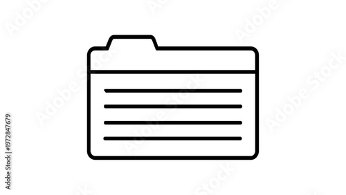 Minimalist black line vector icon illustration of a file folder with document lines, representing office organization, data storage, archive management, and professional digital workspace filing.