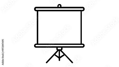 Professional minimalist black and white line vector icon illustration of a portable projector screen on a tripod stand, ideal for business presentations, office meetings, and education.