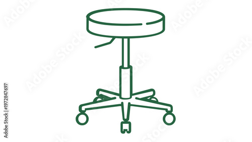Green minimalist vector icon of a rolling office stool with adjustable height lever and swivel wheels, flat line art illustration for workspace, medical clinic, or laboratory equipment design.