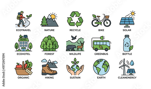 Eco-friendly icons: nature, recycling, wildlife, clean energy, conservation