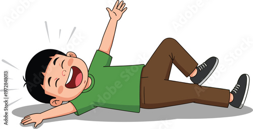 Happy boy laughing joyfully lying on floor, playful child having fun, cheerful kid enjoying carefree indoor playtime moment