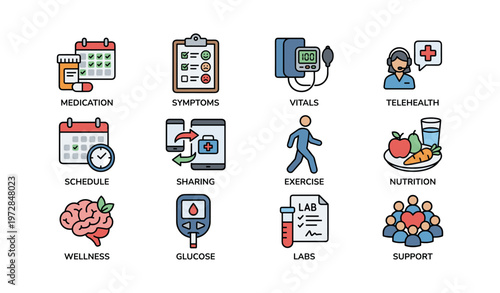 Healthcare icons: medication, symptoms, vitals, telehealth, exercise, nutrition