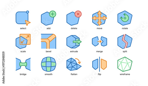 3d modeling icons: select, add, delete, move, rotate, scale, bevel, extrude, merge, split, bridge, smooth, flatten, flip, wireframe