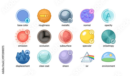 Collection of material icon textures including metallic, opacity, emission, and displacement