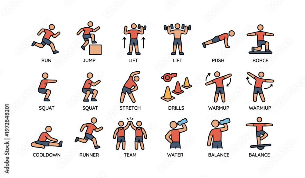 Fototapeta premium Cartoon fitness icons showing exercise types with diverse characters