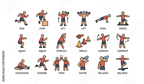Cartoon fitness icons showing exercise types with diverse characters
