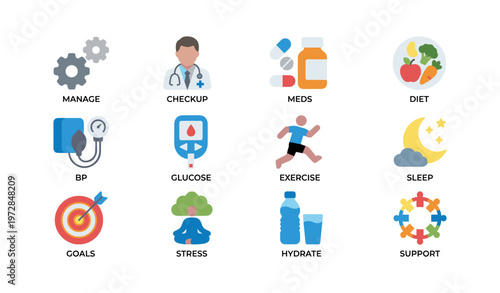 Health management icons: doctor, medication, exercise, hydration, and support for well-being