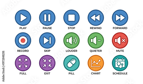 Colorful media control icons with play, pause, stop, and more functions
