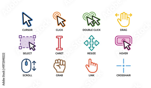 Colorful computer icon set representing cursor actions and tools