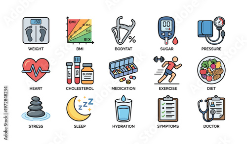 Health and fitness icons: exercise, nutrition, sleep, heart, doctor, hydration, stress, sugar, pressure, bmi, weight, bodyfat, medication
