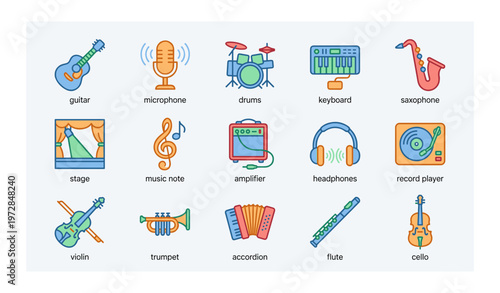 Colorful musical instrument icons including guitar, microphone, drums, and saxophone