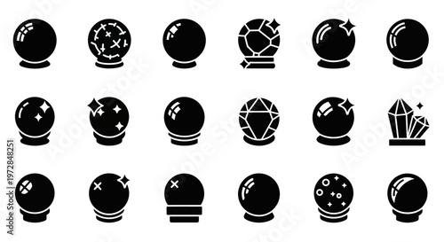 Black sphere icons, vector crystal balls, mystical symbols, 20 illustration set