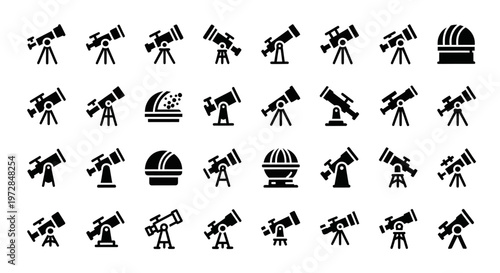Telescope icons, astronomy symbols, observatory signs, black vector graphics, 30 telescope illustrations, astronomy equipment, science and research, educational icons