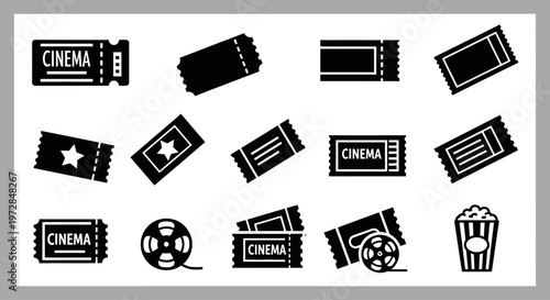 Movie tickets, cinema icons, film symbols, black vector graphics, movie night, film festival, cinema collection