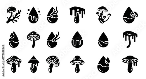 Black vector icons of melting mushrooms and dripping water drops, modern minimalist set of 20