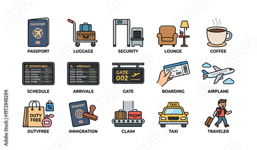 Travel icons: passport, luggage, security, lounge, coffee, and more