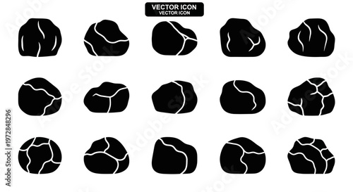Black Rock, Stone, Boulder Vector Icons Set, 16 Cracked Geology Symbols