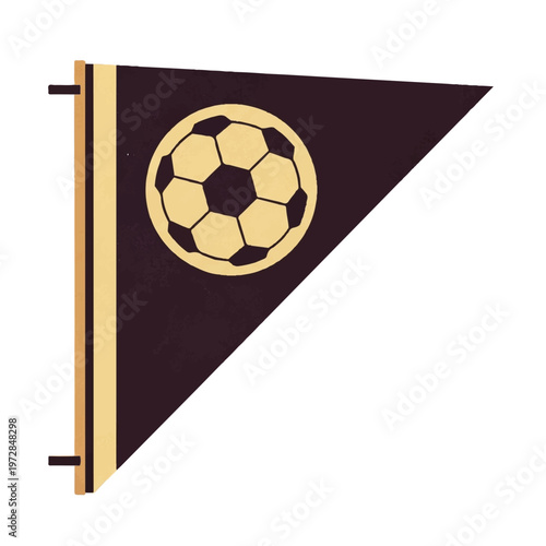 A triangular felt pennant flag with a soccer ball symbol, dark sepia and pale tan, heritage fan decor, sharp geometric shape, minimalist flat vector artwork, clipart style, absolute solid block