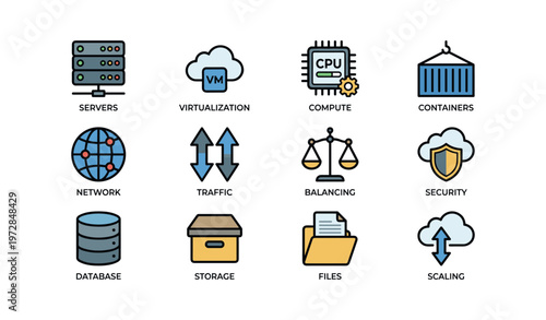 Cloud computing icons: servers, virtualization, compute, containers, network, security