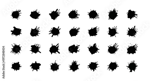 Black ink splatter set, 25 grunge inkblots, vector splatters, abstract art elements