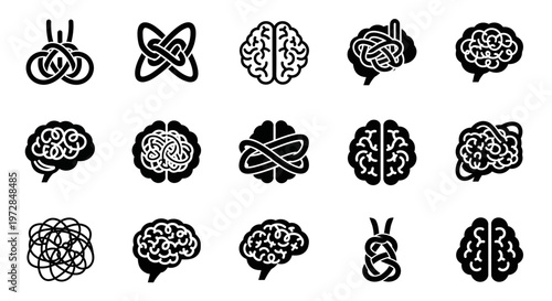 Brain icons, vector illustrations, black and white, 15 brain symbols, educational graphics