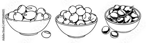 Olive bowl set with black line art illustration featuring bowl, pitted kalamata olives, white background with simple graphic style
