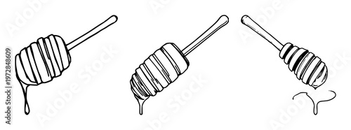 Honey dipper stick set with black line art design featuring kitchen utensil, dessert tool, cooking with sweetener and breakfast food