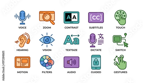 Accessibility icon set featuring voice, contrast, hearing, motion, and gestures symbols