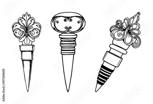 Wine bottle stopper set with black line art on white background featuring decorative, minimalist, vector illustration with wine serving and cork accessory
